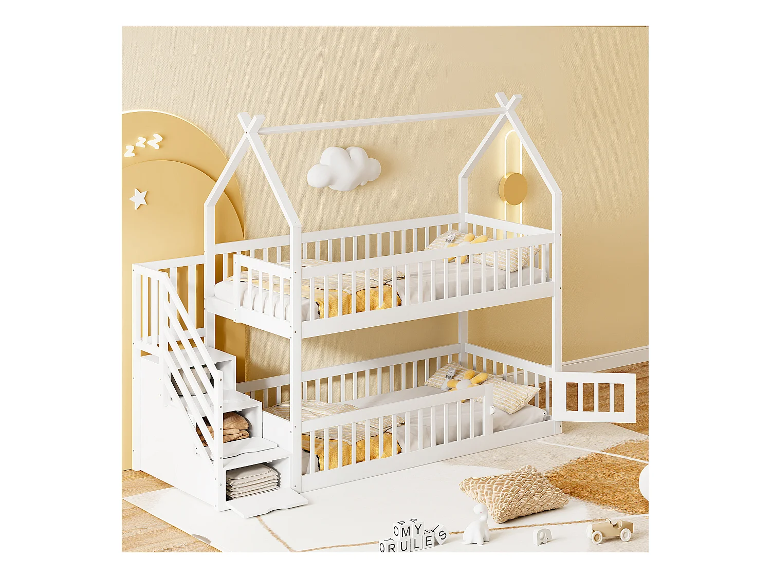 Lit superposé enfant avec toit, escalier sécurisé et tiroirs de rangement, bois massif, blanc (90x200 cm)