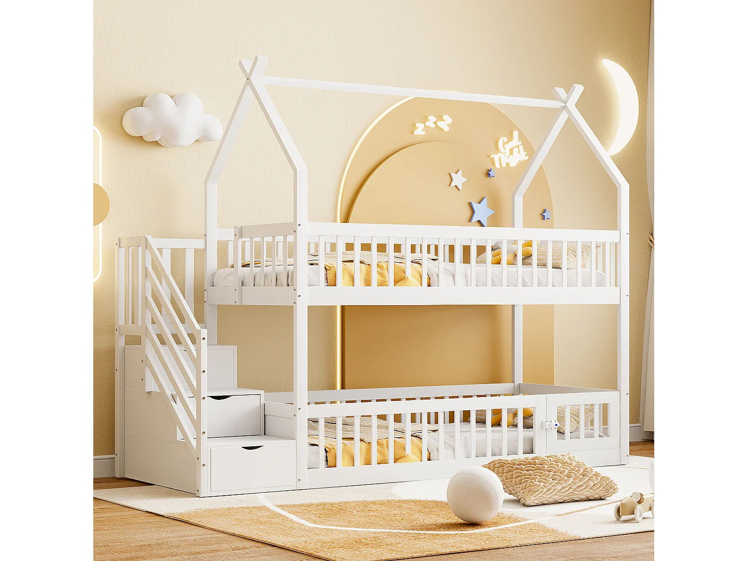 Kinderstapelbed met dak, veiligheidstrap en opberglades, massief hout, wit (90x200 cm)