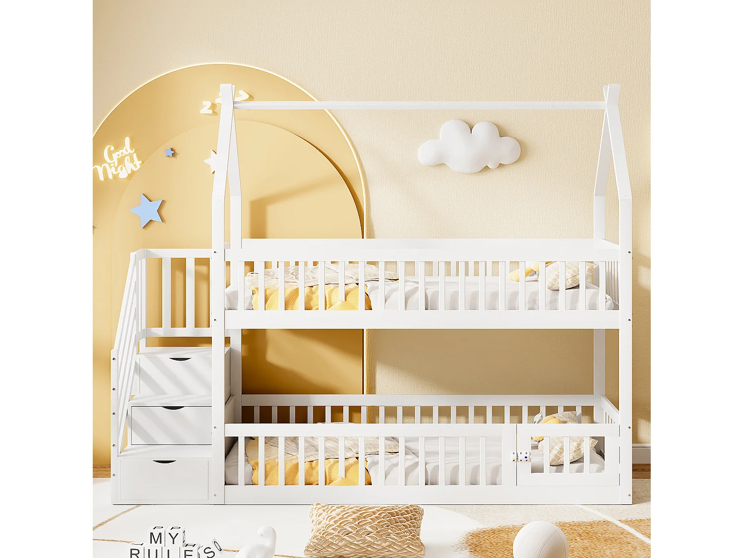 Kinderstapelbed met dak, veiligheidstrap en opberglades, massief hout, wit (90x200 cm)