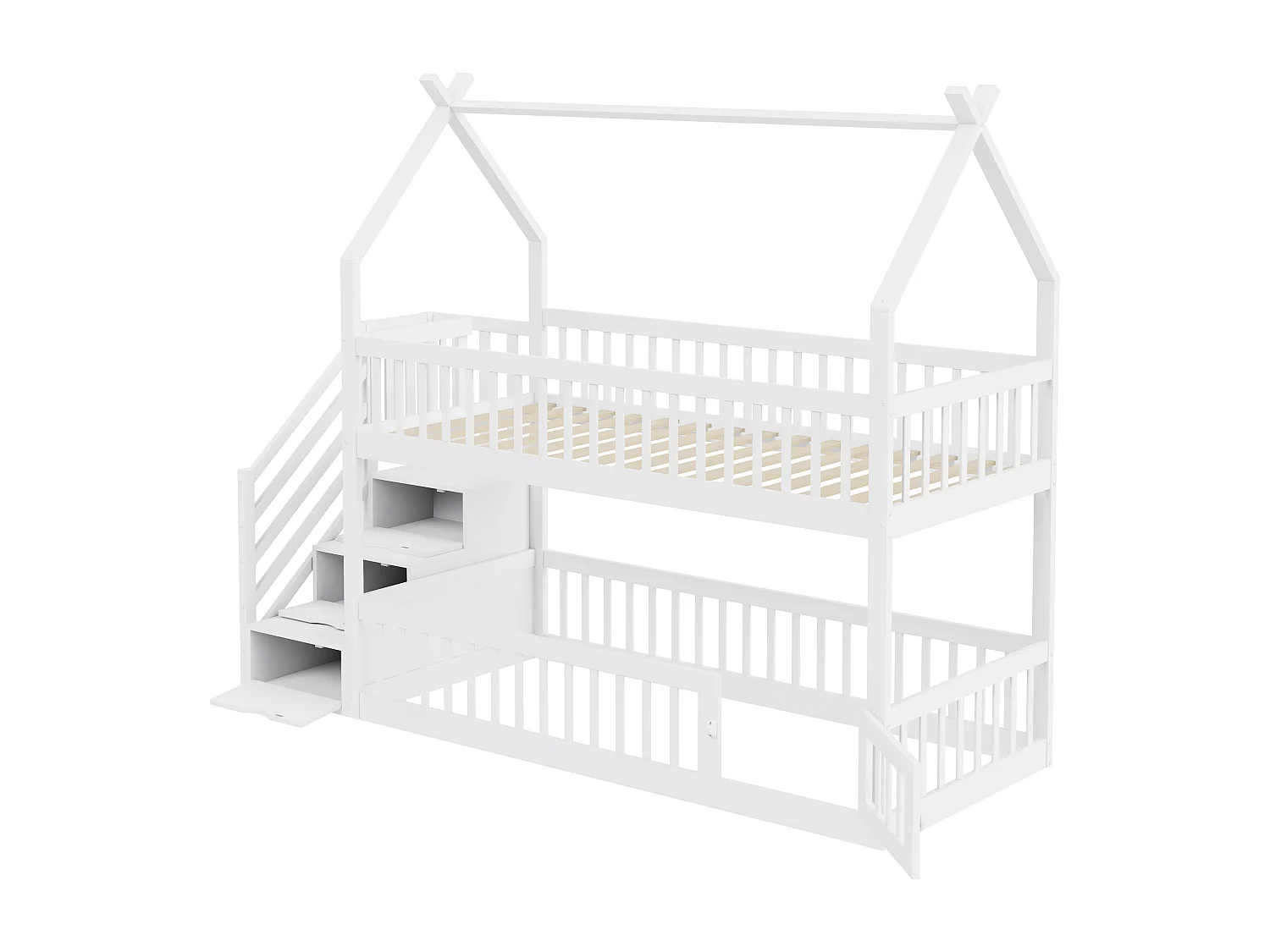 Kinderstapelbed met dak, veiligheidstrap en opberglades, massief hout, wit (90x200 cm)