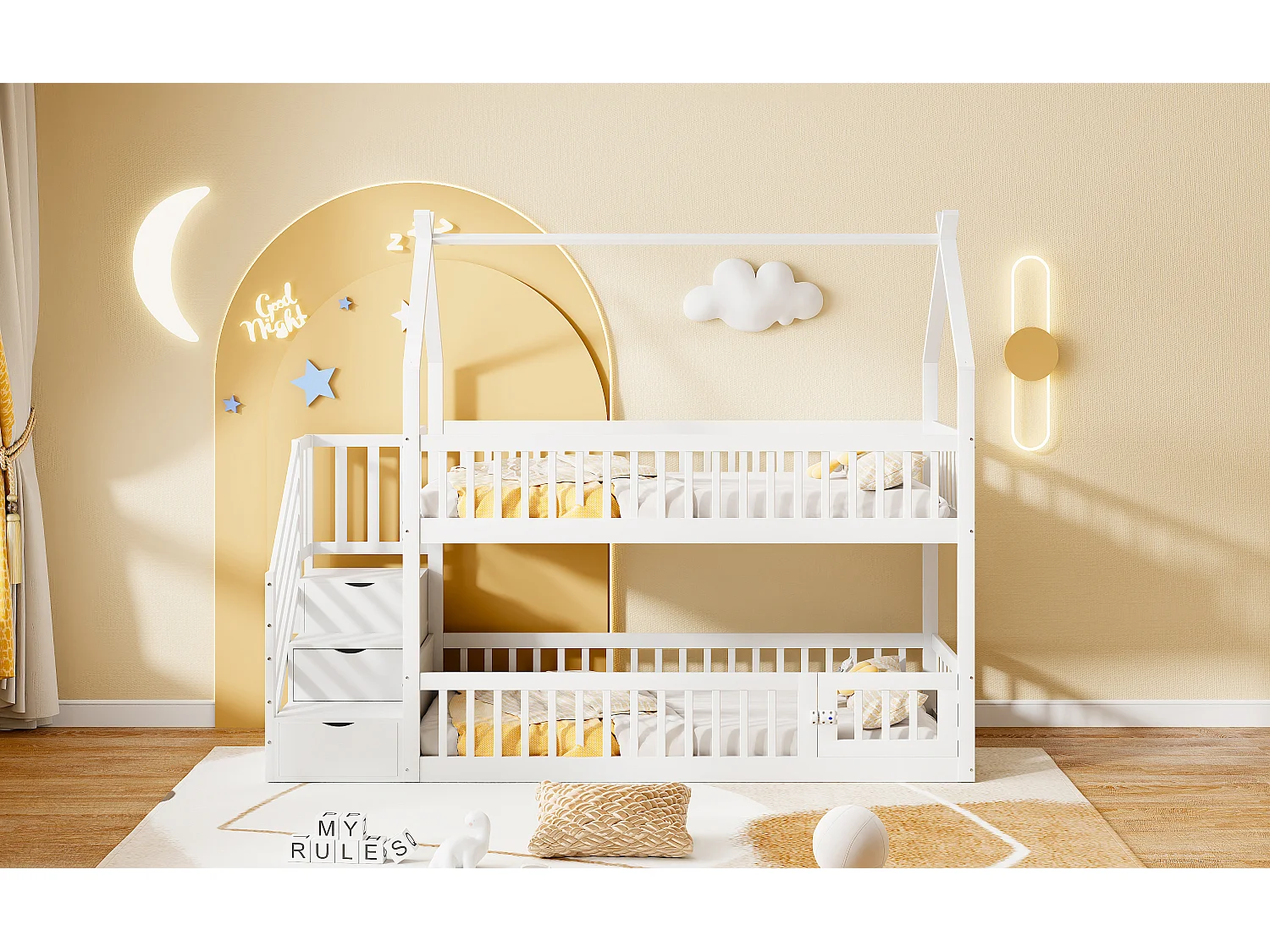 Kinderstapelbed met dak, veiligheidstrap en opberglades, massief hout, wit (90x200 cm)