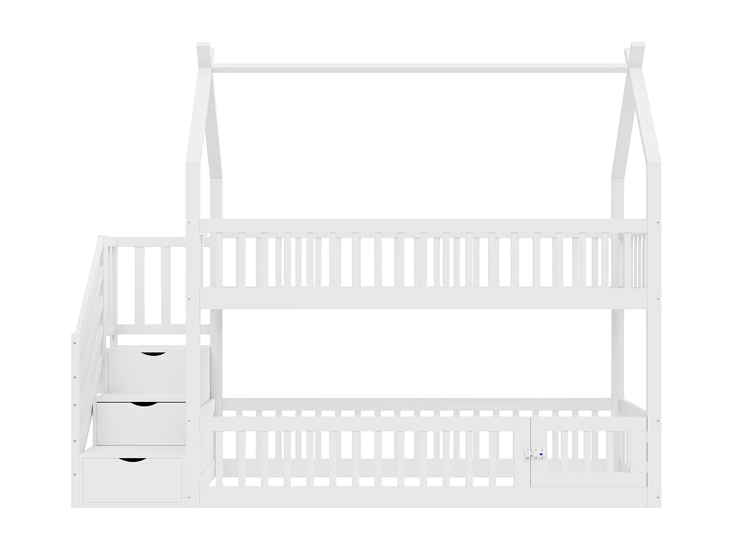 Kinderstapelbed met dak, veiligheidstrap en opberglades, massief hout, wit (90x200 cm)
