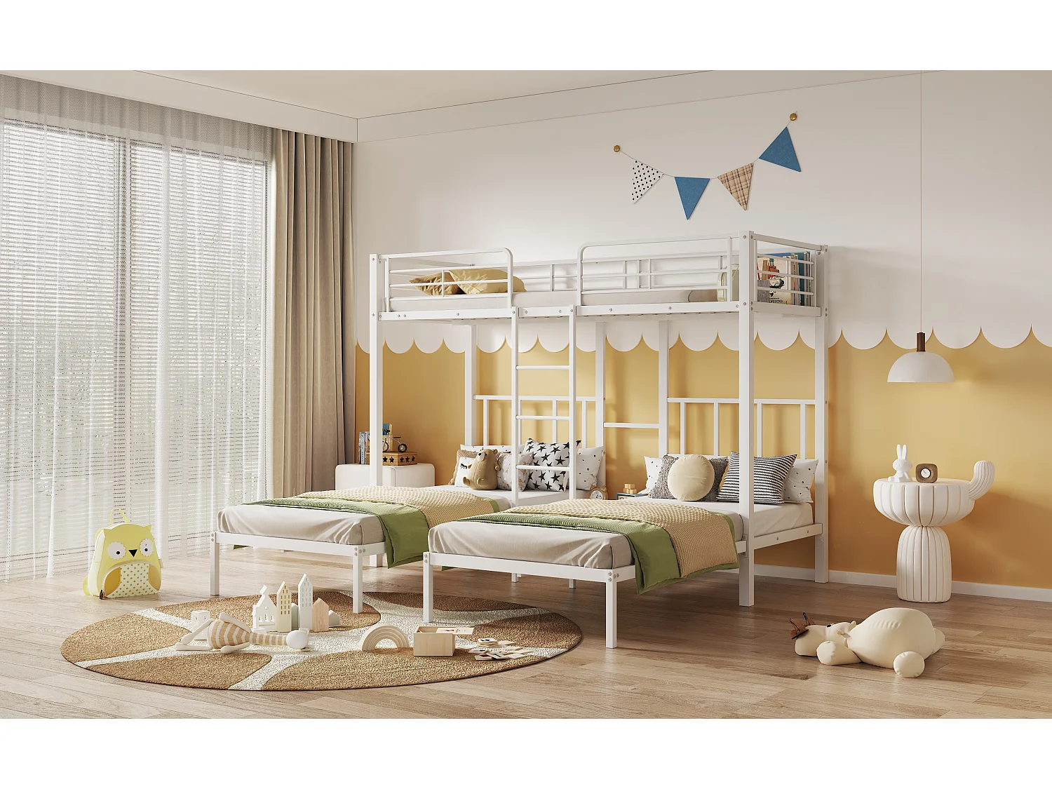 Lit superposé triple avec échelle, structure métallique, blanc, garde-corps de sécurité et table intégrée (227x205.5x170cm)