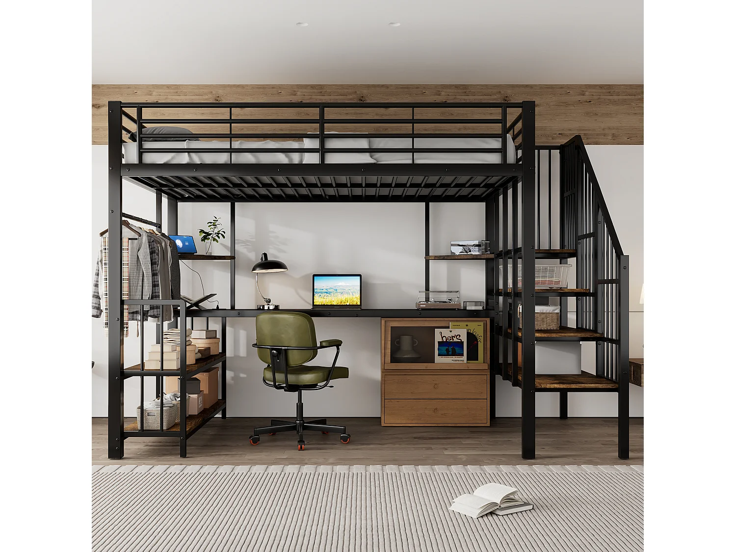 Stapelbed van metaal met zijladder, stopcontact, hanger, plank, ijzer + MDF, zwart + donker notenhout (120x200cm)