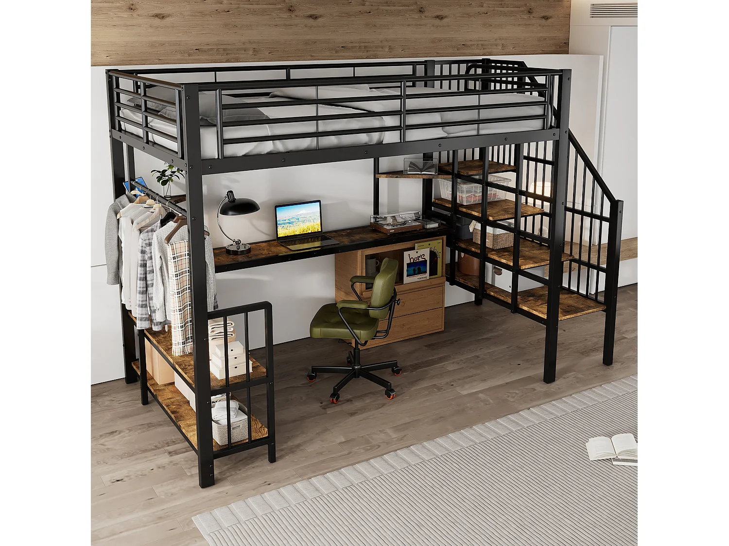 Stapelbed van metaal met zijladder, stopcontact, hanger, plank, ijzer + MDF, zwart + donker notenhout (120x200cm)