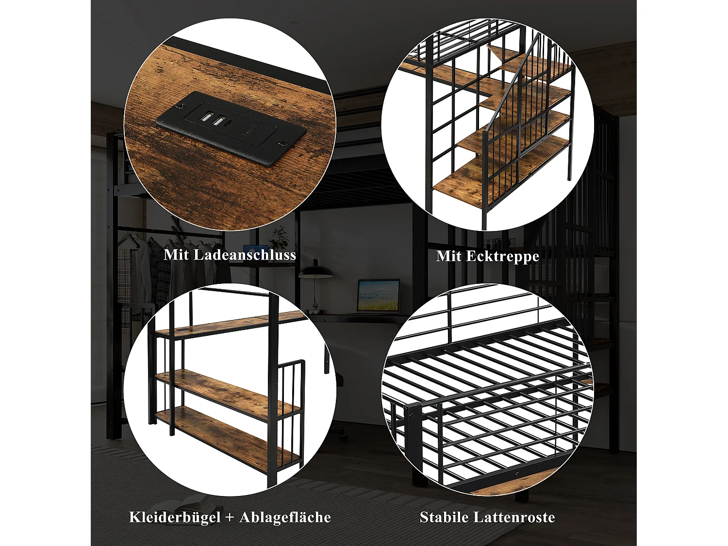 Stapelbed van metaal met zijladder, stopcontact, hanger, plank, ijzer + MDF, zwart + donker notenhout (120x200cm)