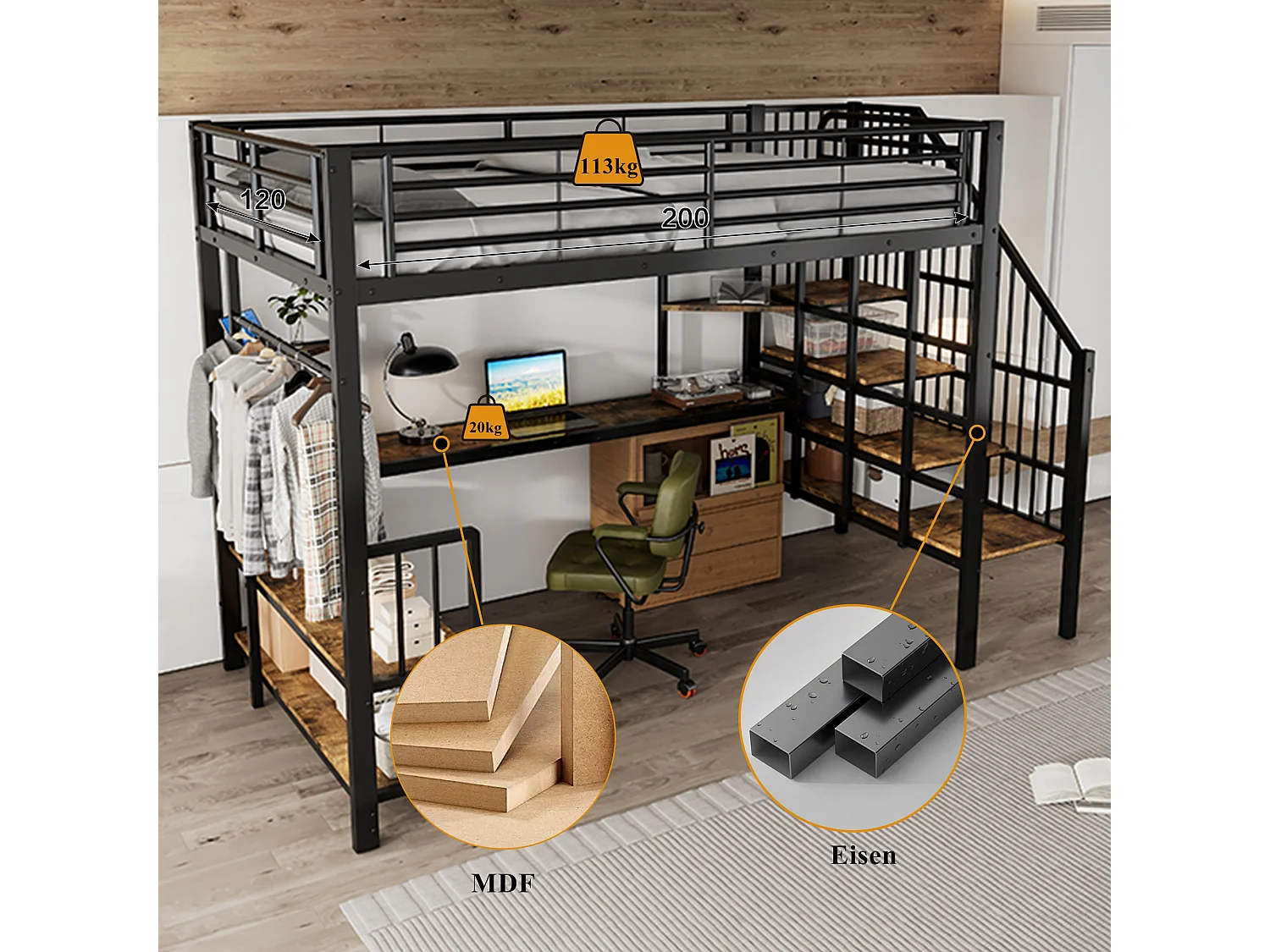 Stapelbed van metaal met zijladder, stopcontact, hanger, plank, ijzer + MDF, zwart + donker notenhout (120x200cm)