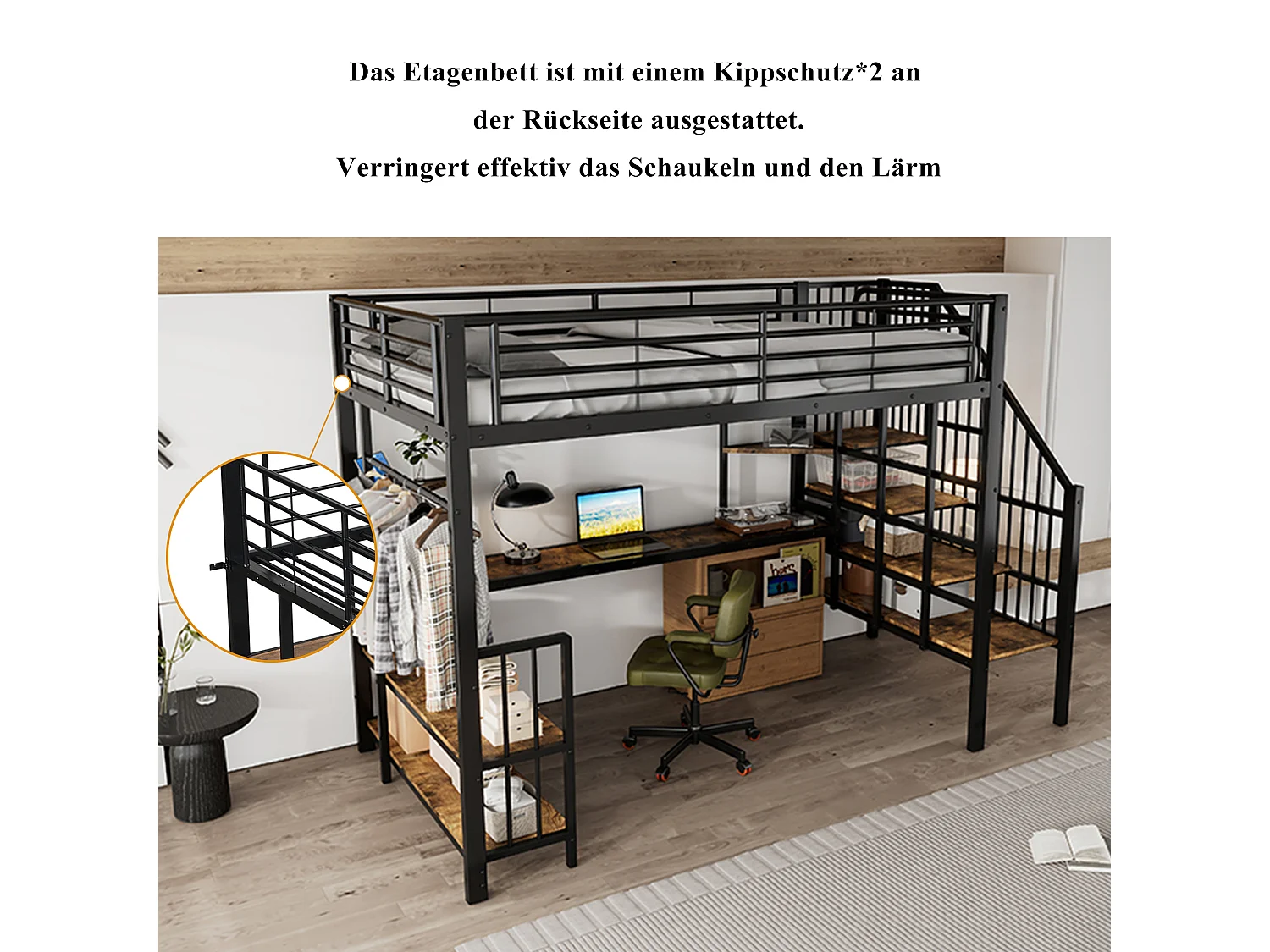 Stapelbed van metaal met zijladder, stopcontact, hanger, plank, ijzer + MDF, zwart + donker notenhout (120x200cm)
