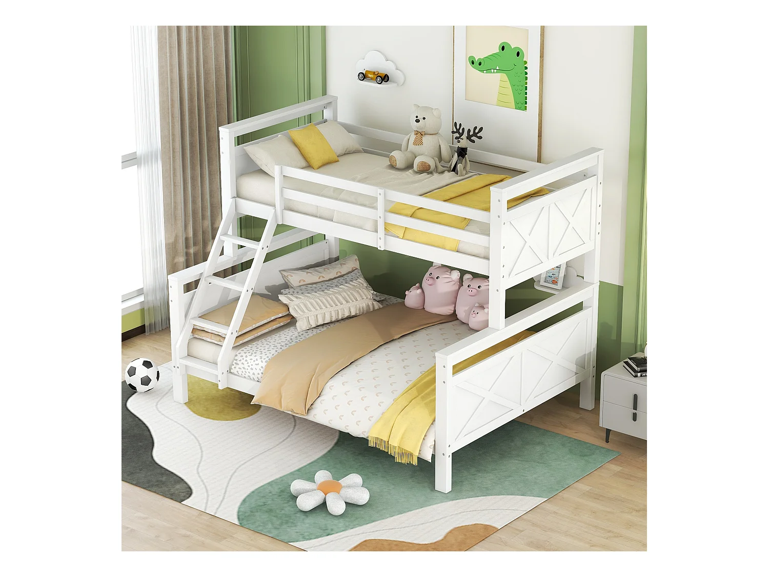 Letto a castello trasformabile in 2 letti separati, con scaletta e sponda di sicurezza, pino, bianco (205x145,5x162 cm)