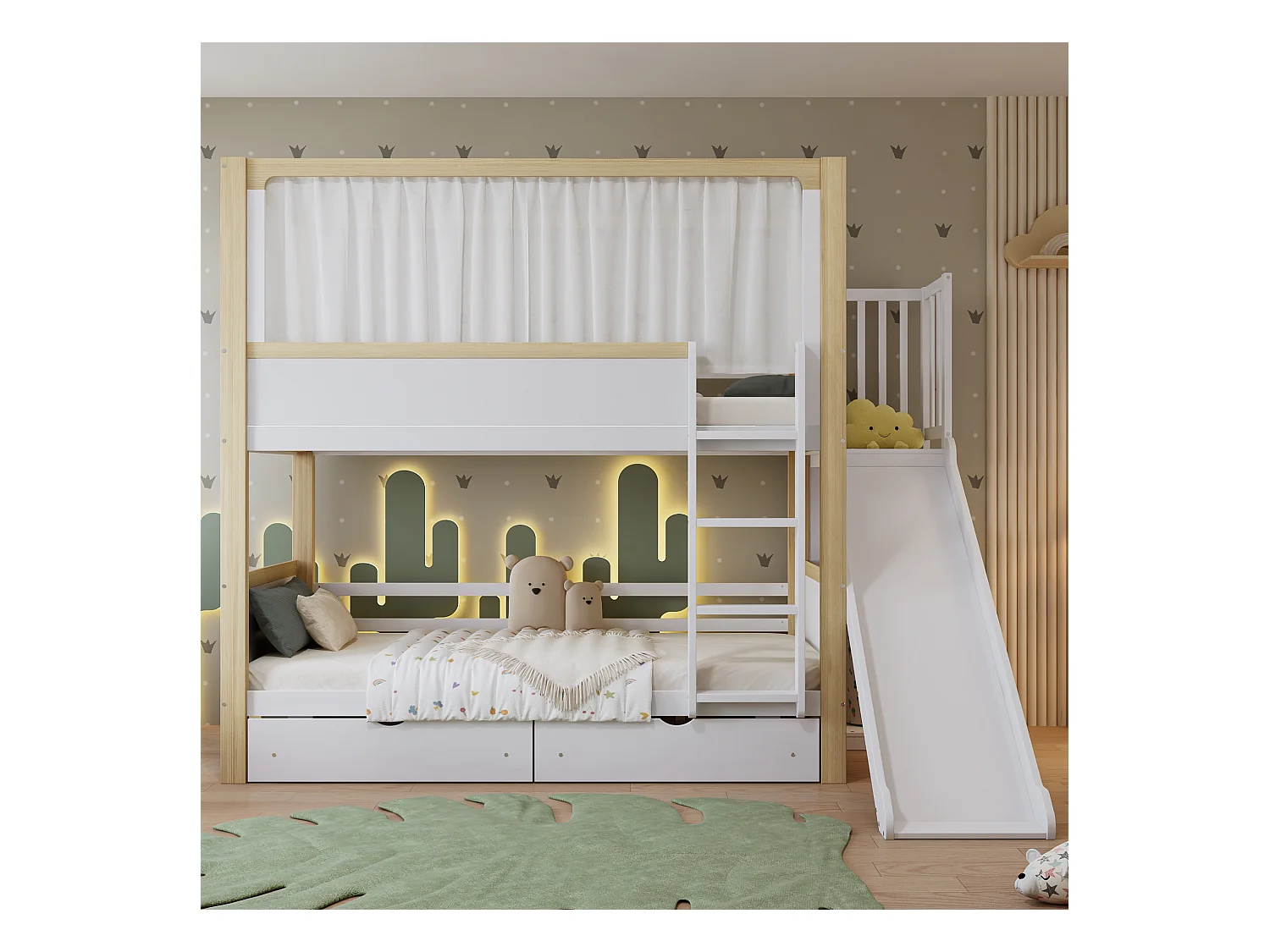 Lit superposé enfant avec tiroirs, toboggan et rideau, pin+MDF, blanc+nature (254.5x163x191cm)