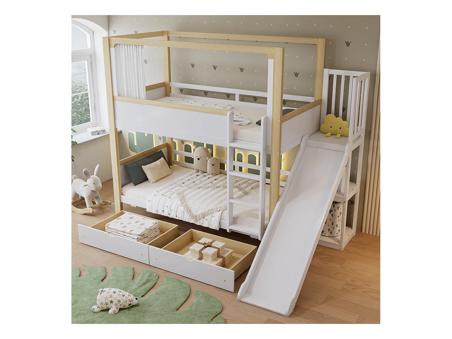 Lit superposé enfant avec tiroirs, toboggan et rideau, pin+MDF, blanc+nature (254.5x163x191cm)