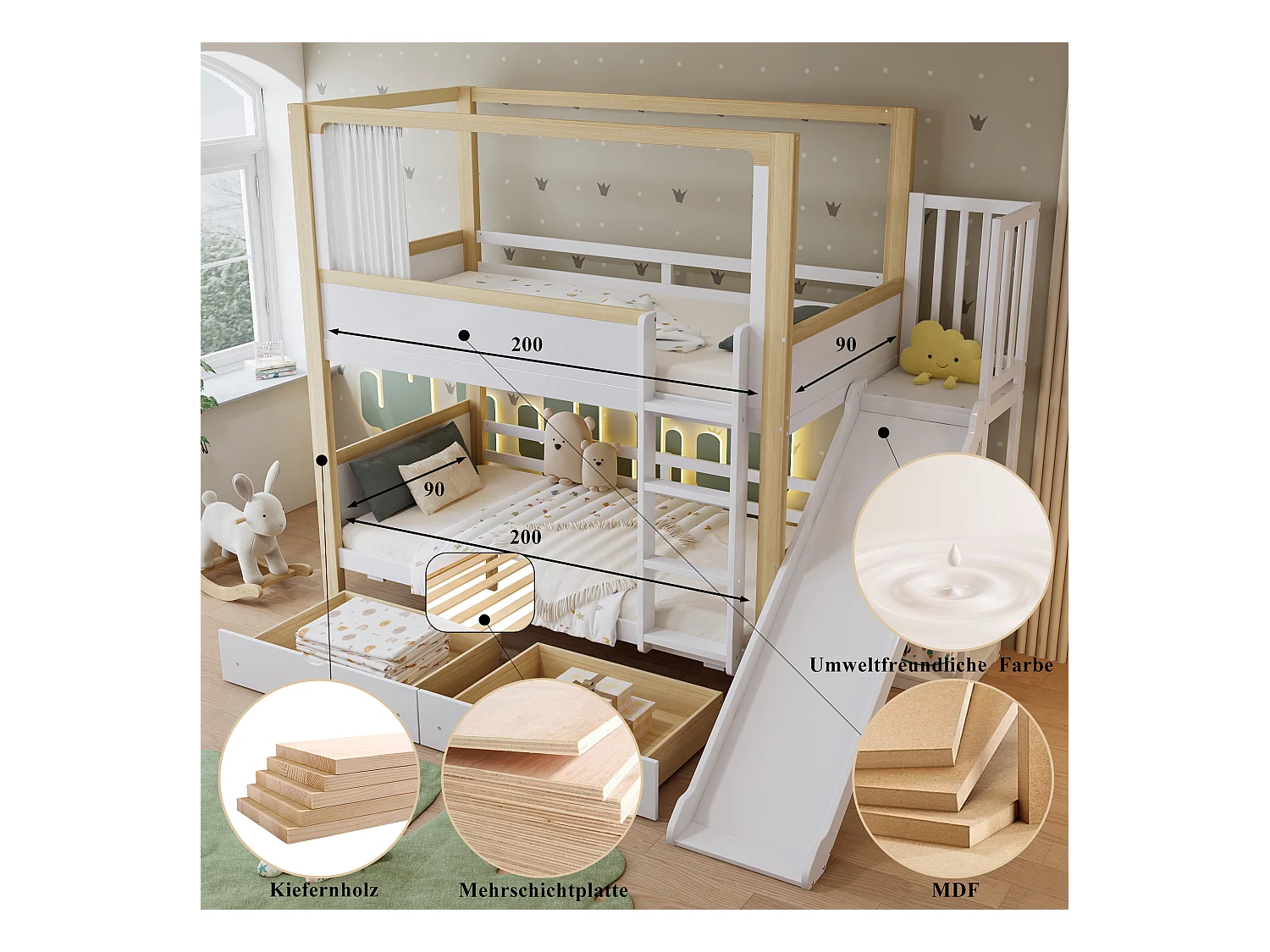 Lit superposé enfant avec tiroirs, toboggan et rideau, pin+MDF, blanc+nature (254.5x163x191cm)