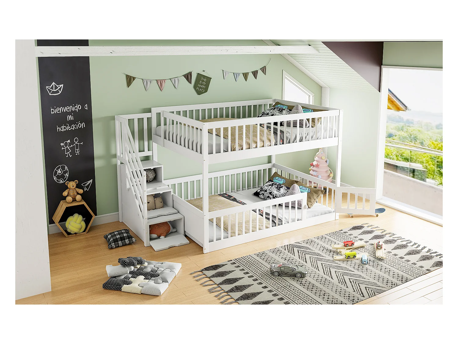 Letto a castello di sicurezza con scaletta e cassetti portaoggetti, in legno massello, bianco, per bambini e ragazzi (140x200 cm)