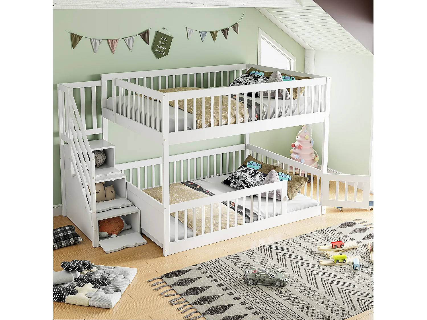 Lit superposé sécurisé avec escalier et tiroirs de rangement, bois massif, blanc, pour enfants et adolescents (140x200 cm)