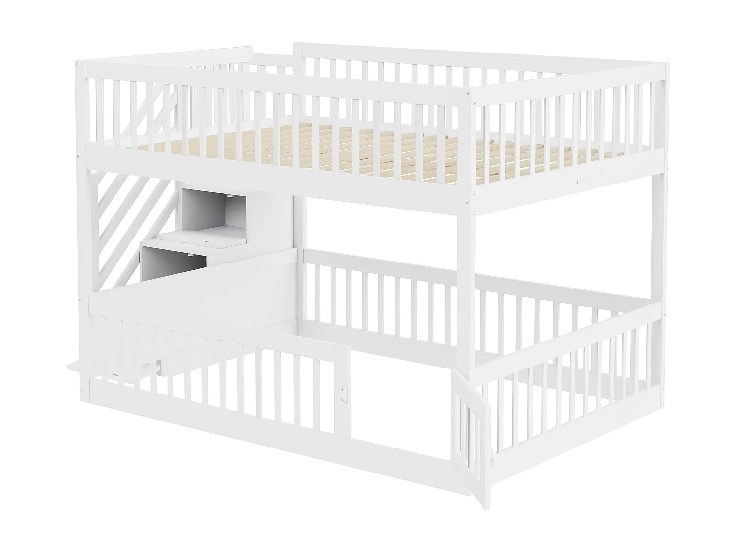 Lit superposé sécurisé avec escalier et tiroirs de rangement, bois massif, blanc, pour enfants et adolescents (140x200 cm)