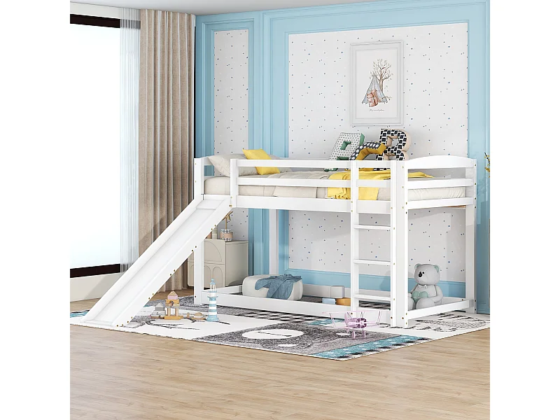 Lit superposé pour enfants avec toboggan, cadre en bois massif, montage facile, blanc (90x200x118cm)