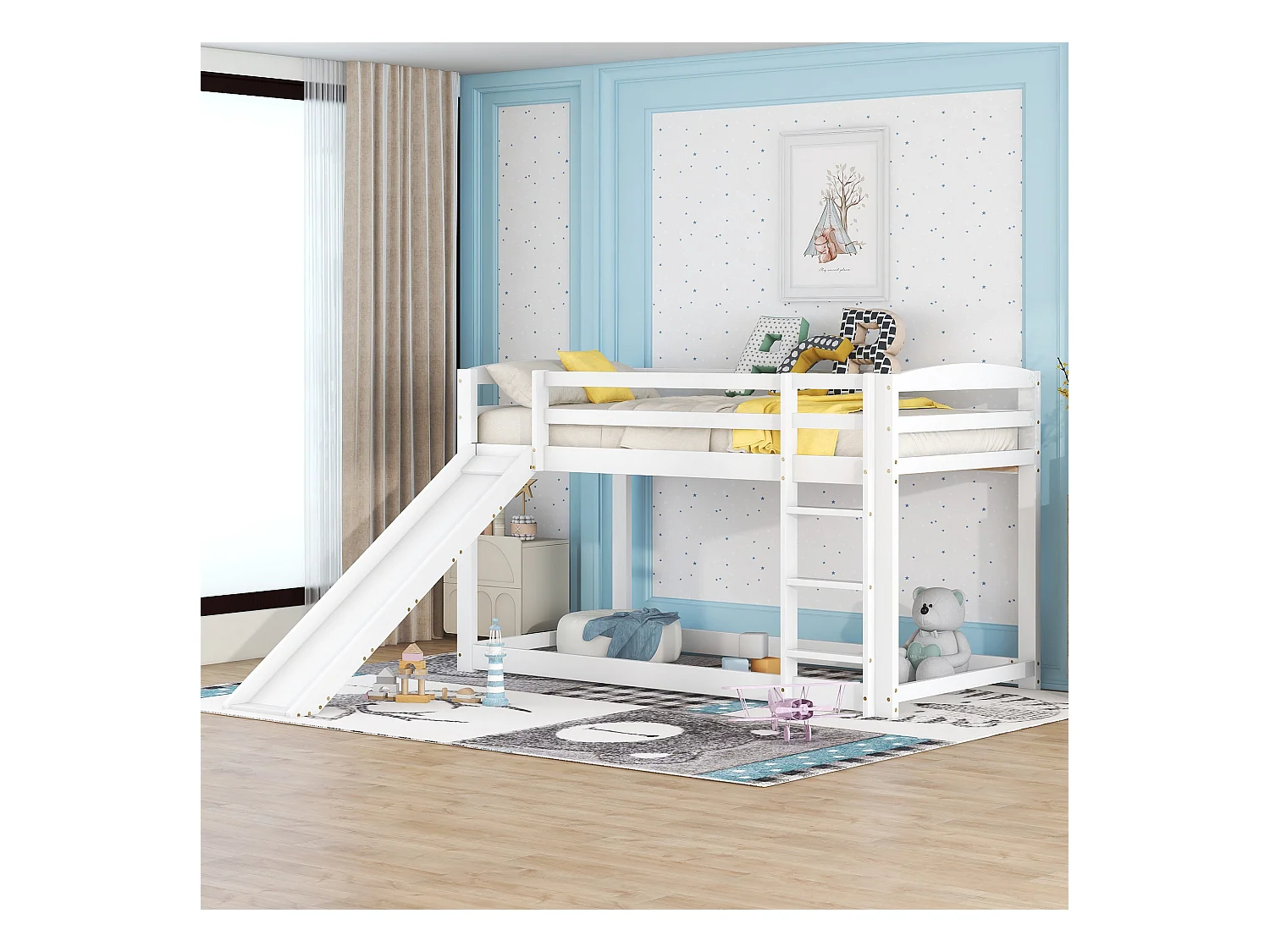 Lit superposé pour enfants avec toboggan, cadre en bois massif, montage facile, blanc (90x200x118cm)