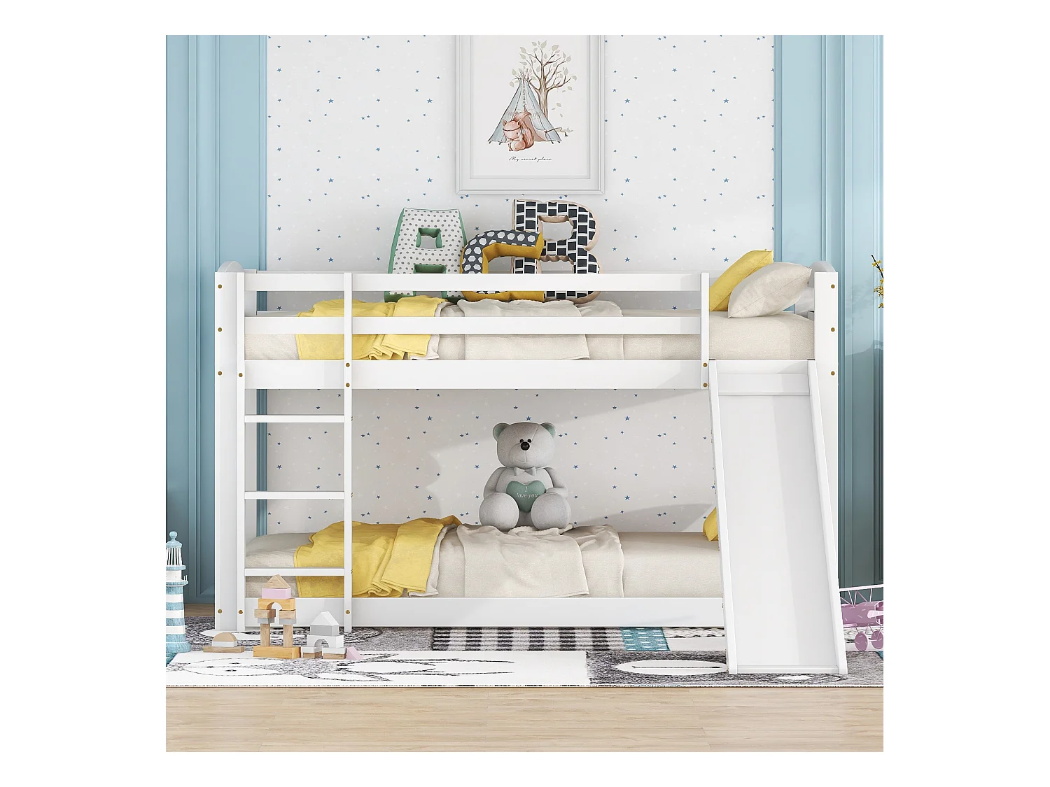 Litera infantil con tobogán, estructura de madera maciza, fácil montaje, color blanco (90x200x118cm)