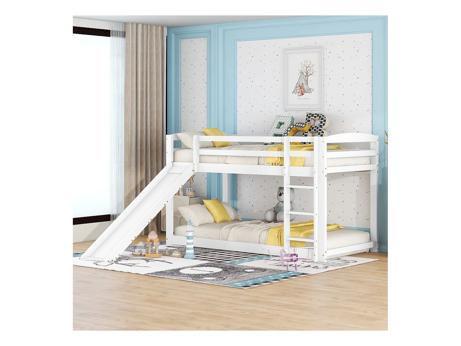 Litera infantil con tobogán, estructura de madera maciza, fácil montaje, color blanco (90x200x118cm)