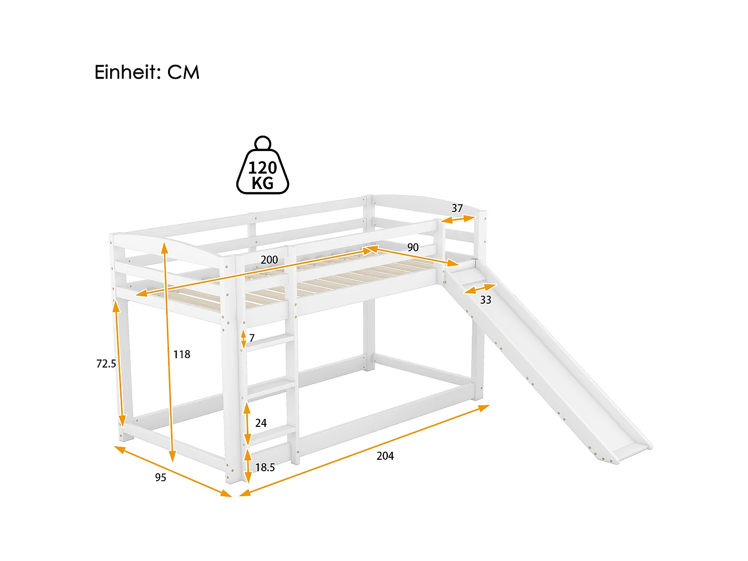 Litera infantil con tobogán, estructura de madera maciza, fácil montaje, color blanco (90x200x118cm)