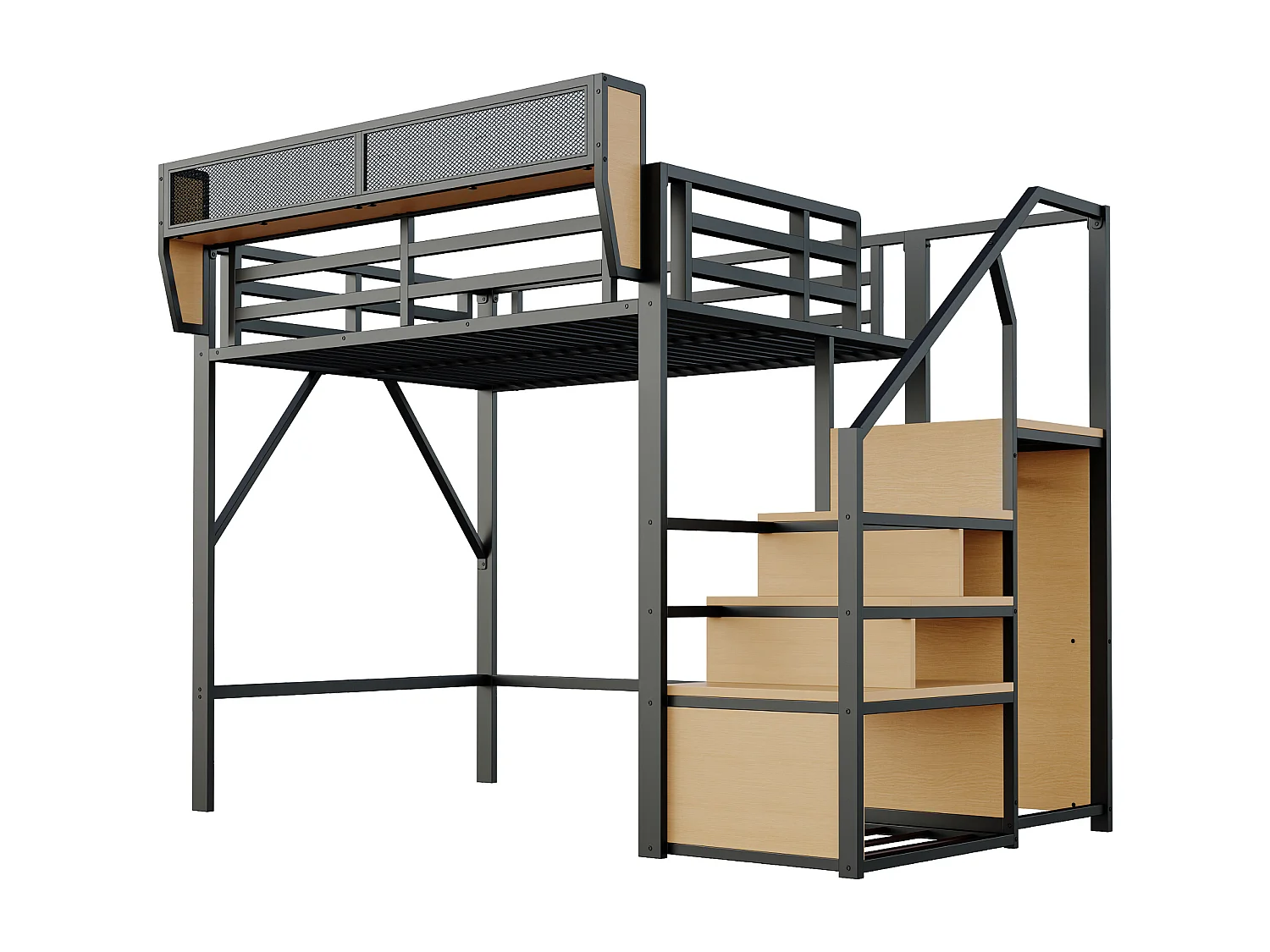 Metalen stapelbed met veiligheidsladder en modulaire opbergruimte, zwart (255x145x191cm)