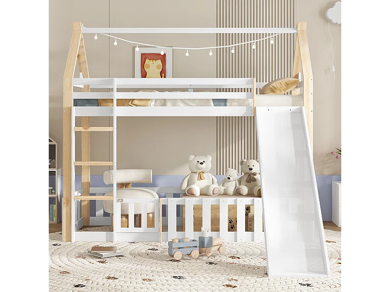 Kinderstapelbed met glijbaan, elegant dakdesign, grenen + MDF, wit + naturel, veilige speelruimte (265x231x187cm)