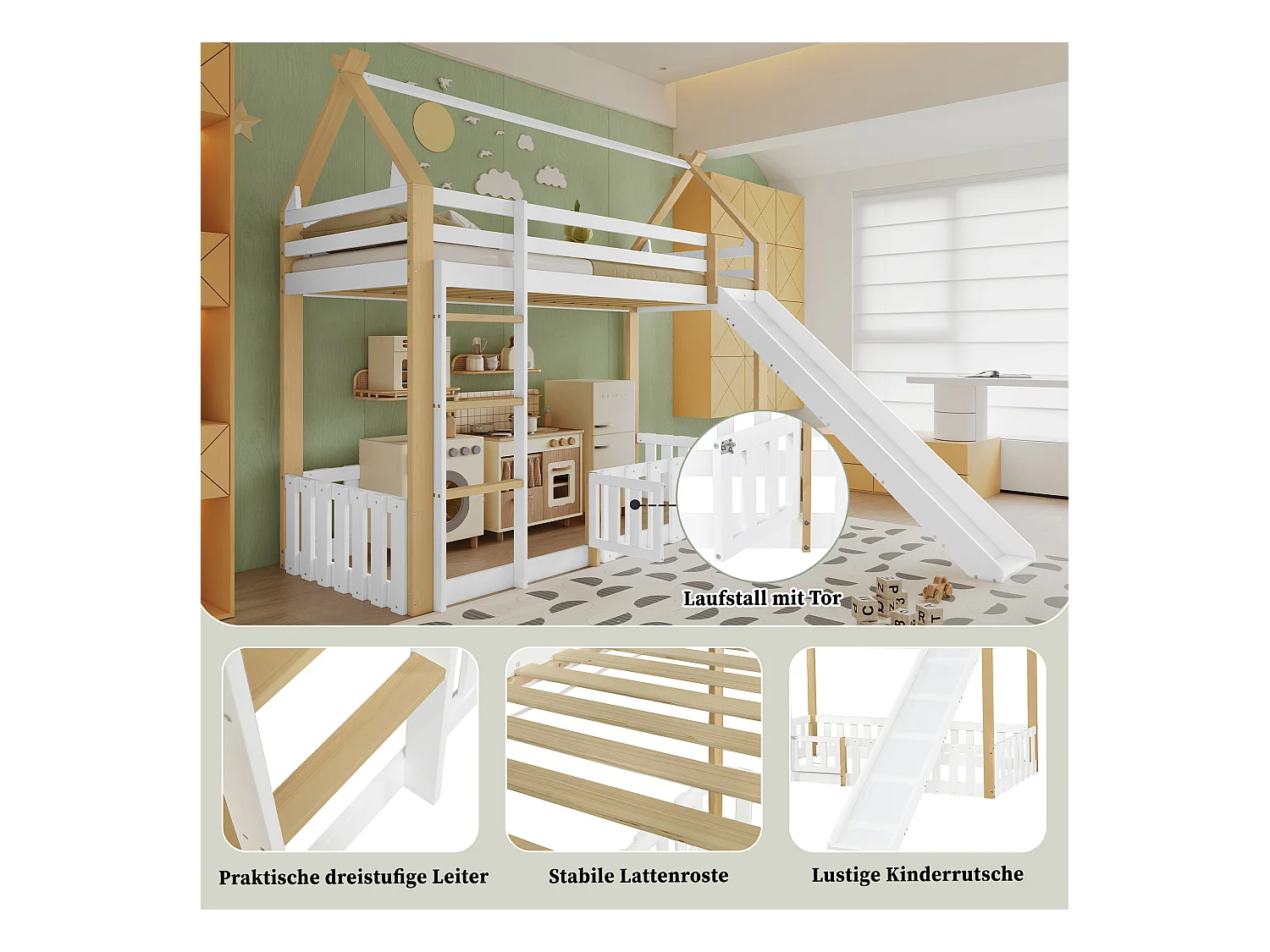 Lit superposé enfant avec toboggan, design toit élégant, pin+MDF, blanc+naturel, espace de jeu sécurisé (265x231x187cm)