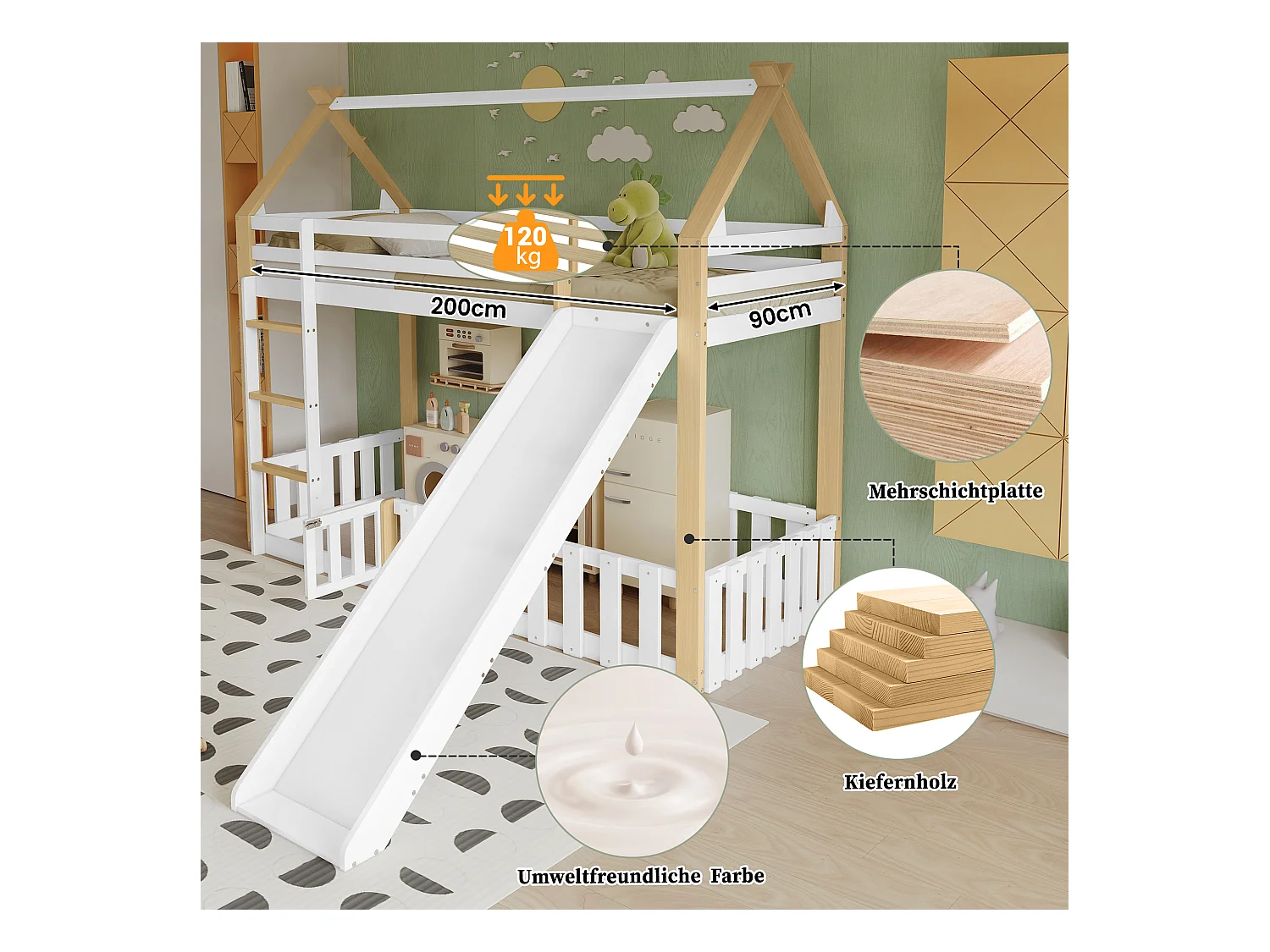 Litera infantil con tobogán, elegante diseño de techo, pino + MDF, blanco + natural, zona de juego segura (265x231x187cm)