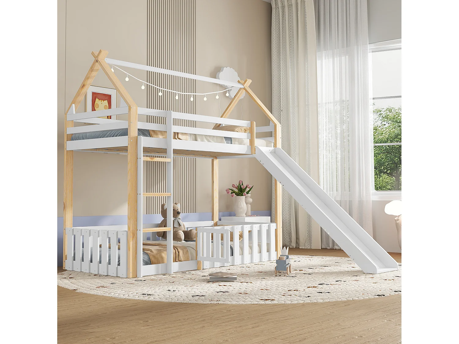 Lit superposé enfant avec toboggan, design toit élégant, pin+MDF, blanc+naturel, espace de jeu sécurisé (265x231x187cm)