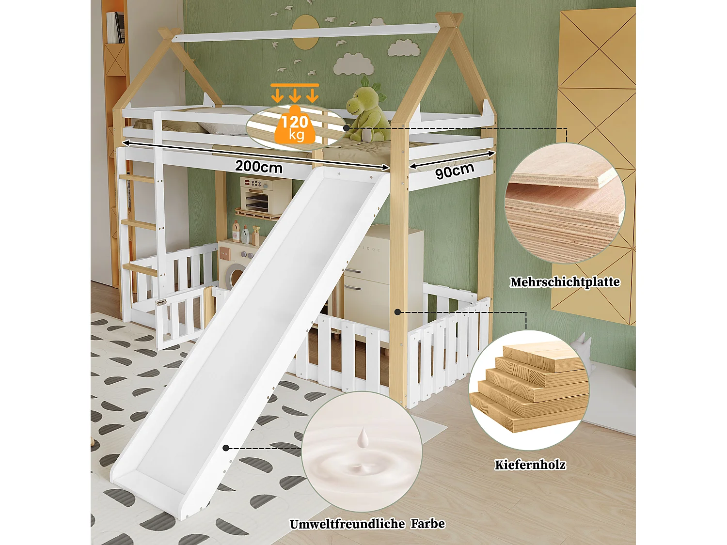 Lit superposé enfant avec toboggan, design toit élégant, pin+MDF, blanc+naturel, espace de jeu sécurisé (265x231x187cm)