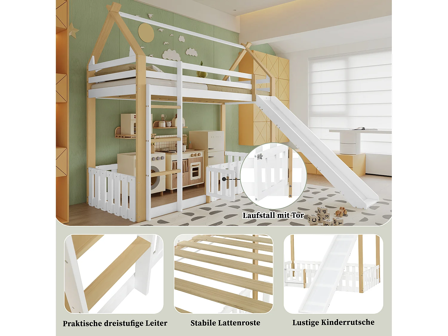 Lit superposé enfant avec toboggan, design toit élégant, pin+MDF, blanc+naturel, espace de jeu sécurisé (265x231x187cm)