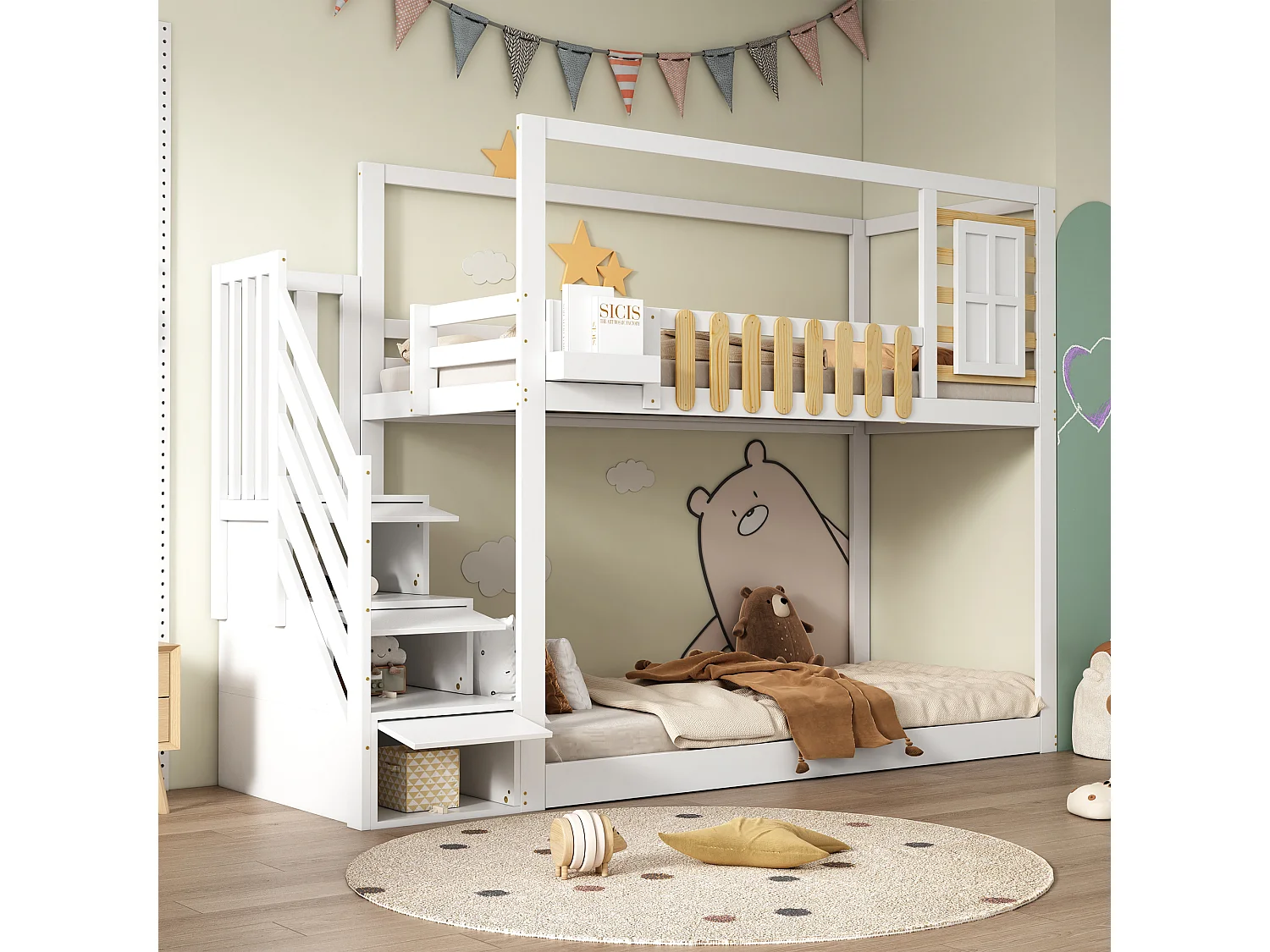 Stapelbed met trap, raam en planken, massief grenen frame, wit en naturel, met 3 lades en leuning (252x96x180cm)