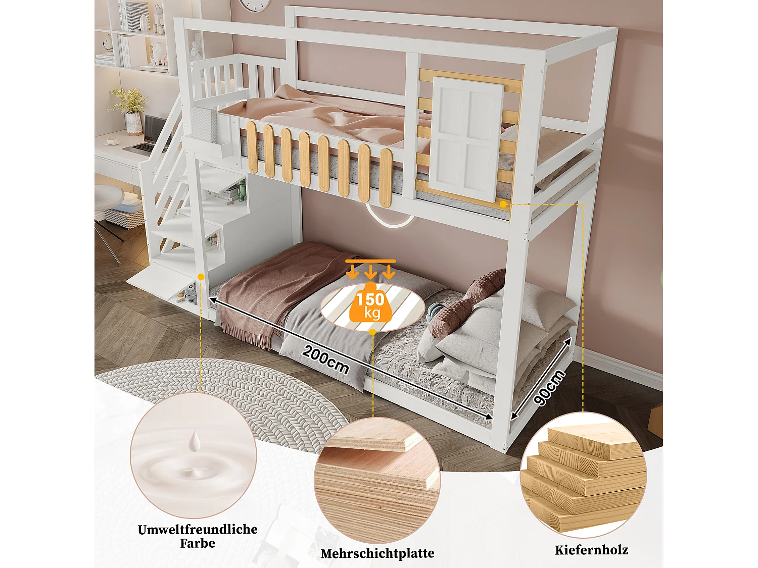 Stapelbed met trap, raam en planken, massief grenen frame, wit en naturel, met 3 lades en leuning (252x96x180cm)