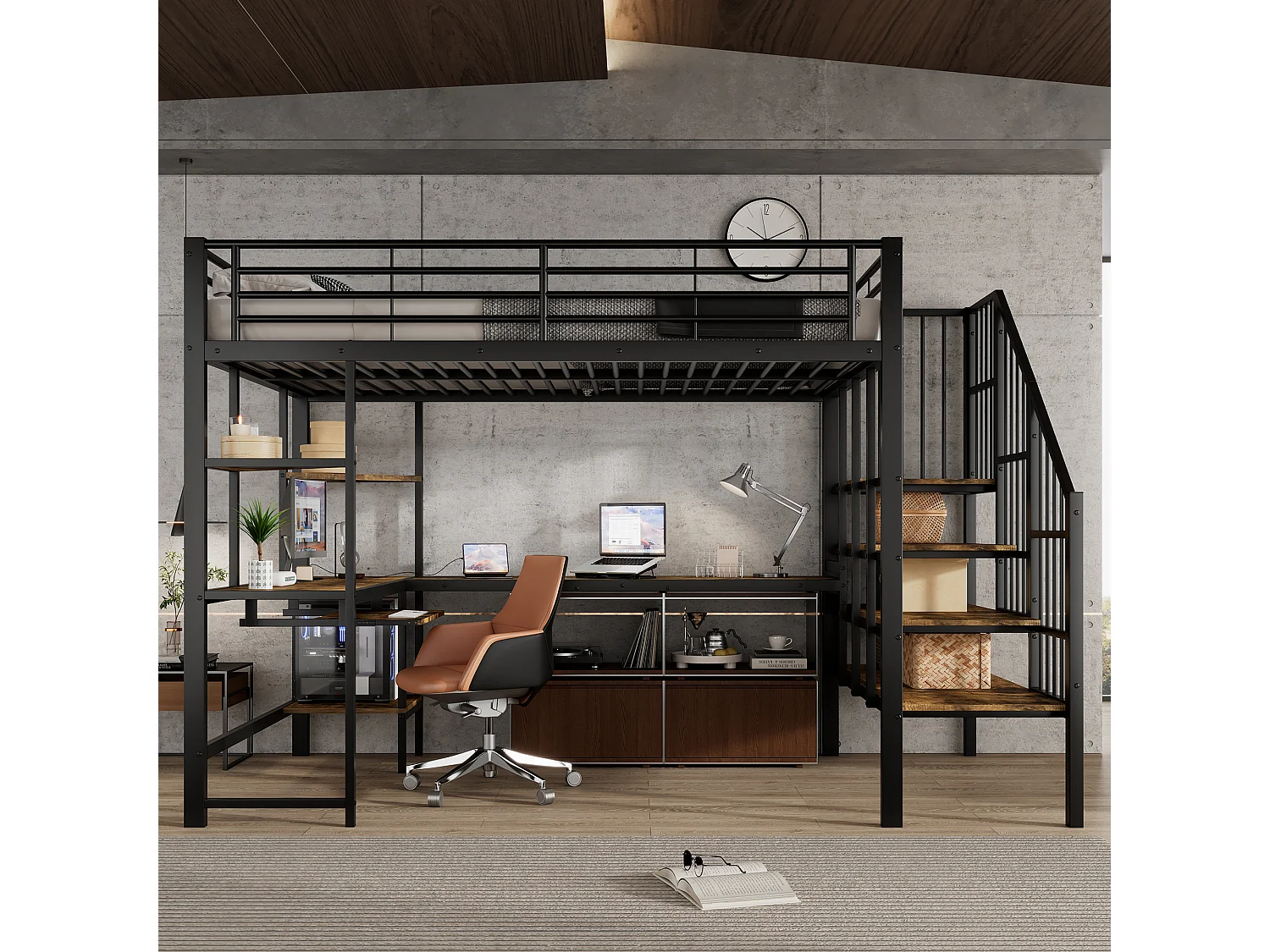 Litera metálica con escritorio incorporado, cargador USB, escalera de seguridad, metal y MDF, color negro y nogal oscuro (251,5x125x170cm)