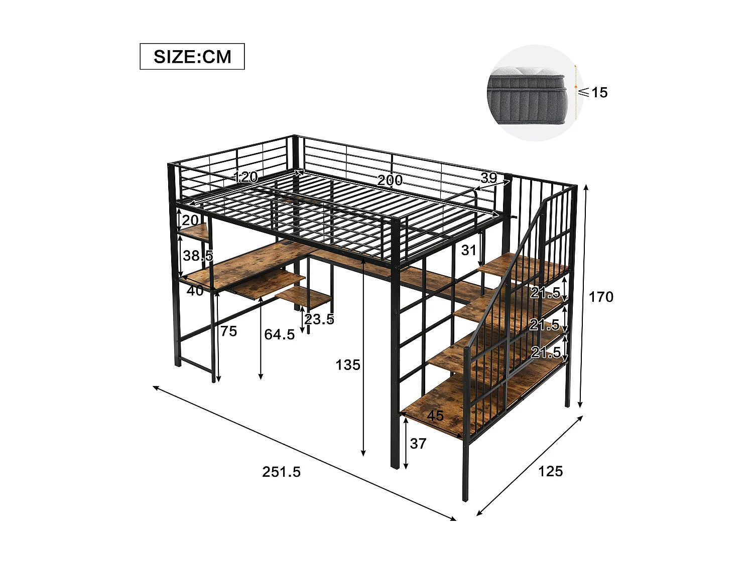 Litera metálica con escritorio incorporado, cargador USB, escalera de seguridad, metal y MDF, color negro y nogal oscuro (251,5x125x170cm)