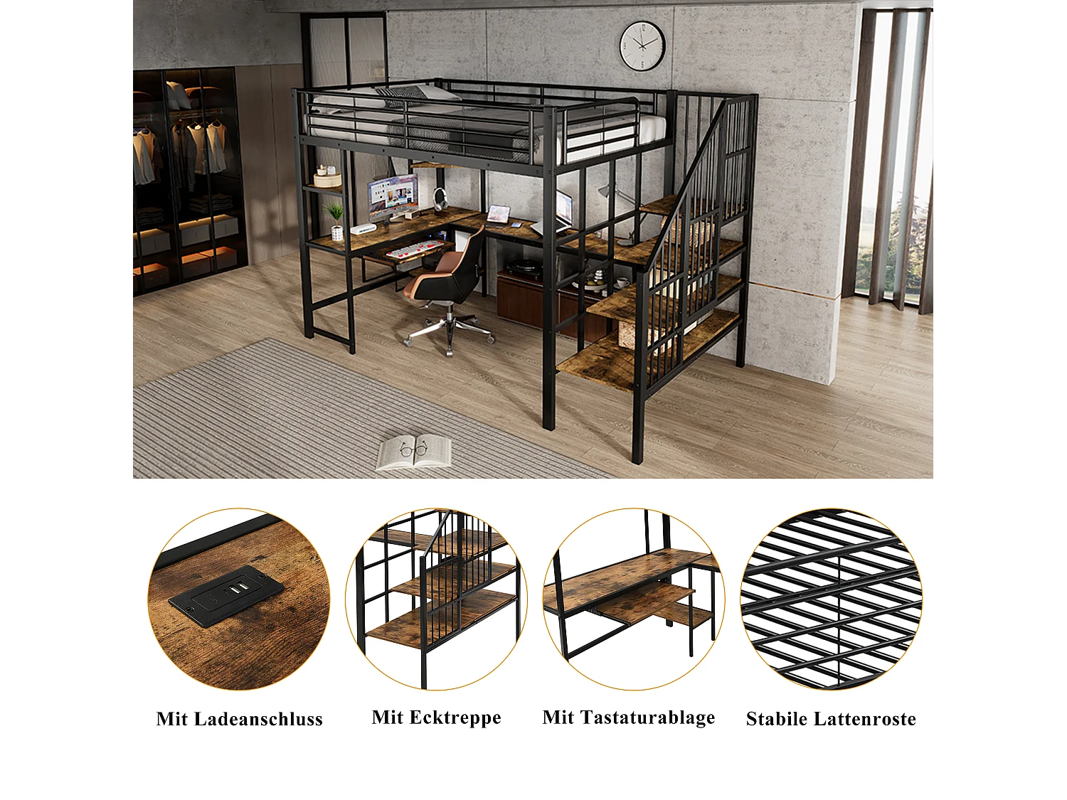 Litera metálica con escritorio incorporado, cargador USB, escalera de seguridad, metal y MDF, color negro y nogal oscuro (251,5x125x170cm)
