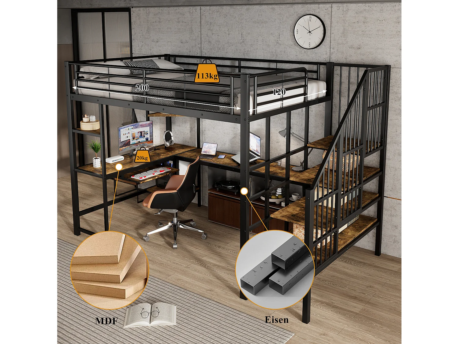 Litera metálica con escritorio incorporado, cargador USB, escalera de seguridad, metal y MDF, color negro y nogal oscuro (251,5x125x170cm)