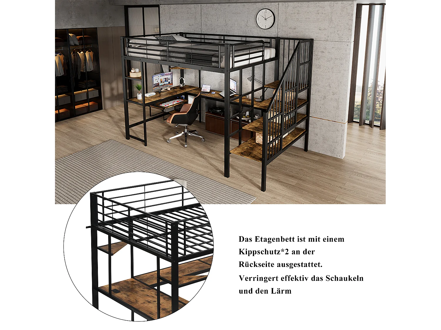 Litera metálica con escritorio incorporado, cargador USB, escalera de seguridad, metal y MDF, color negro y nogal oscuro (251,5x125x170cm)