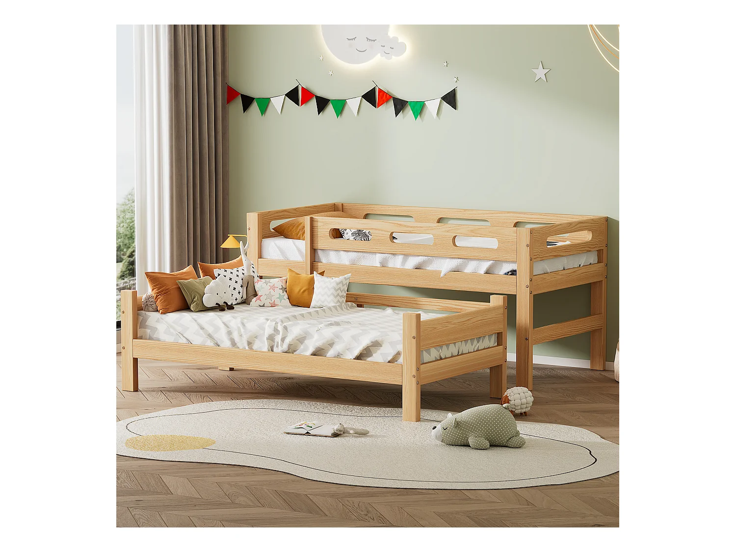 Stapelbed omvormbaar tot 2 eenpersoonsbedden, massief grenen frame, naturel, 90x200cm (205x95x144,5cm)