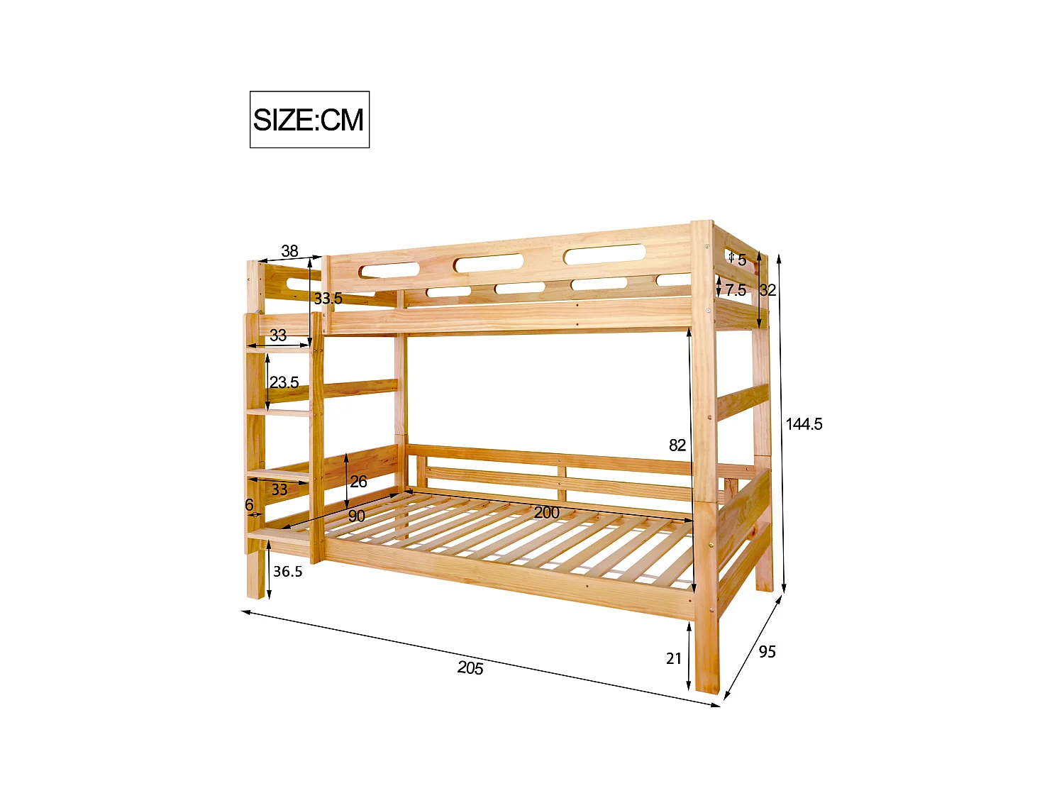 Stapelbed omvormbaar tot 2 eenpersoonsbedden, massief grenen frame, naturel, 90x200cm (205x95x144,5cm)