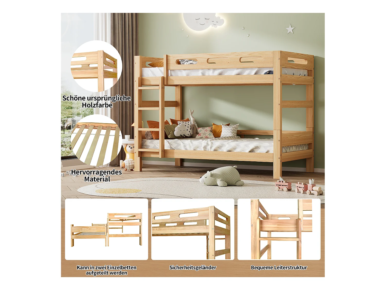 Stapelbed omvormbaar tot 2 eenpersoonsbedden, massief grenen frame, naturel, 90x200cm (205x95x144,5cm)