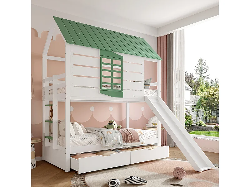 Stapelbed in de vorm van een huis met glijbaan, 2 lades, MDF en grenen, wit+groen (205,4x236,5x228,6cm)