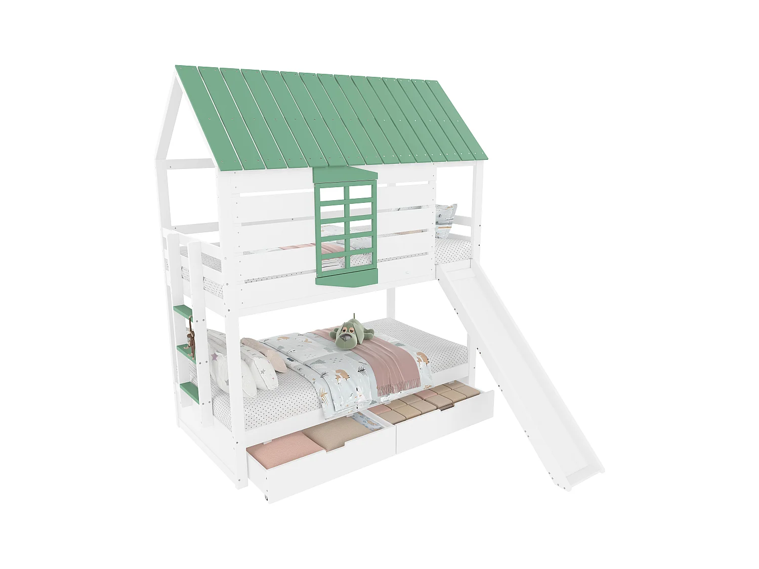 Stapelbed in de vorm van een huis met glijbaan, 2 lades, MDF en grenen, wit+groen (205,4x236,5x228,6cm)