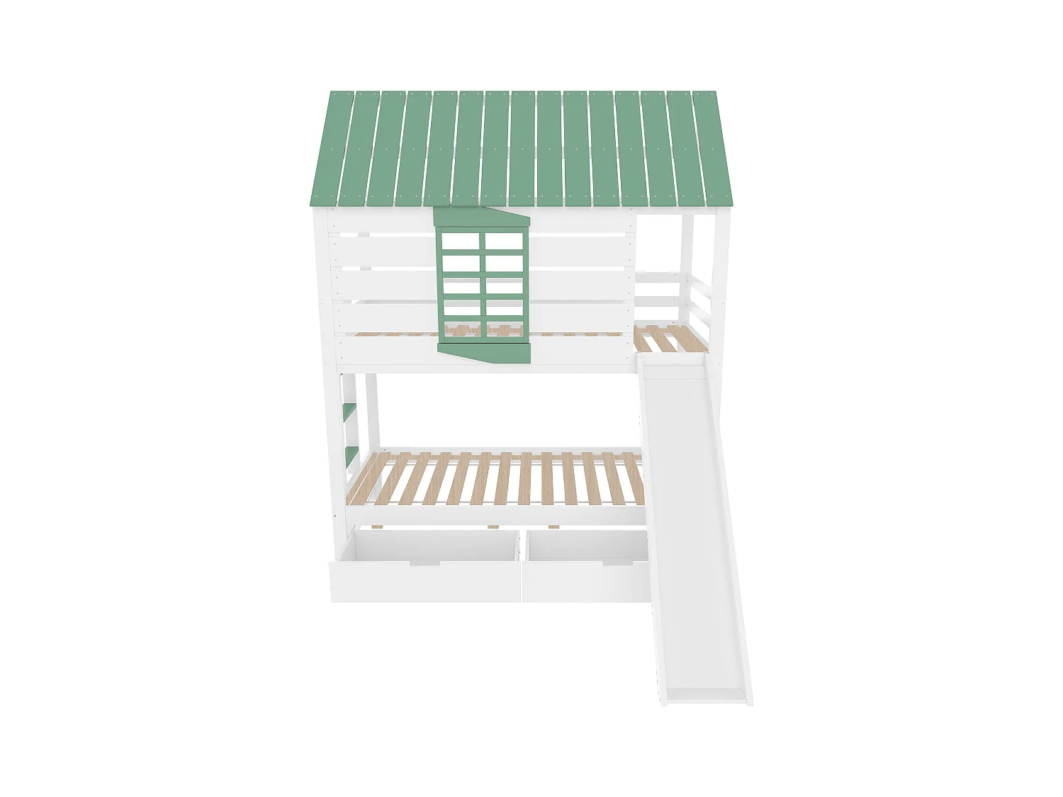 Stapelbed in de vorm van een huis met glijbaan, 2 lades, MDF en grenen, wit+groen (205,4x236,5x228,6cm)