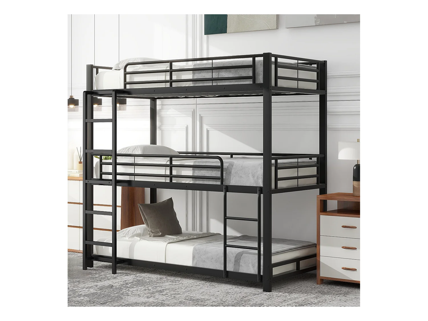 Letto a castello triplo, struttura in metallo robusto, nero, per bambini e adulti (90x200 cm)