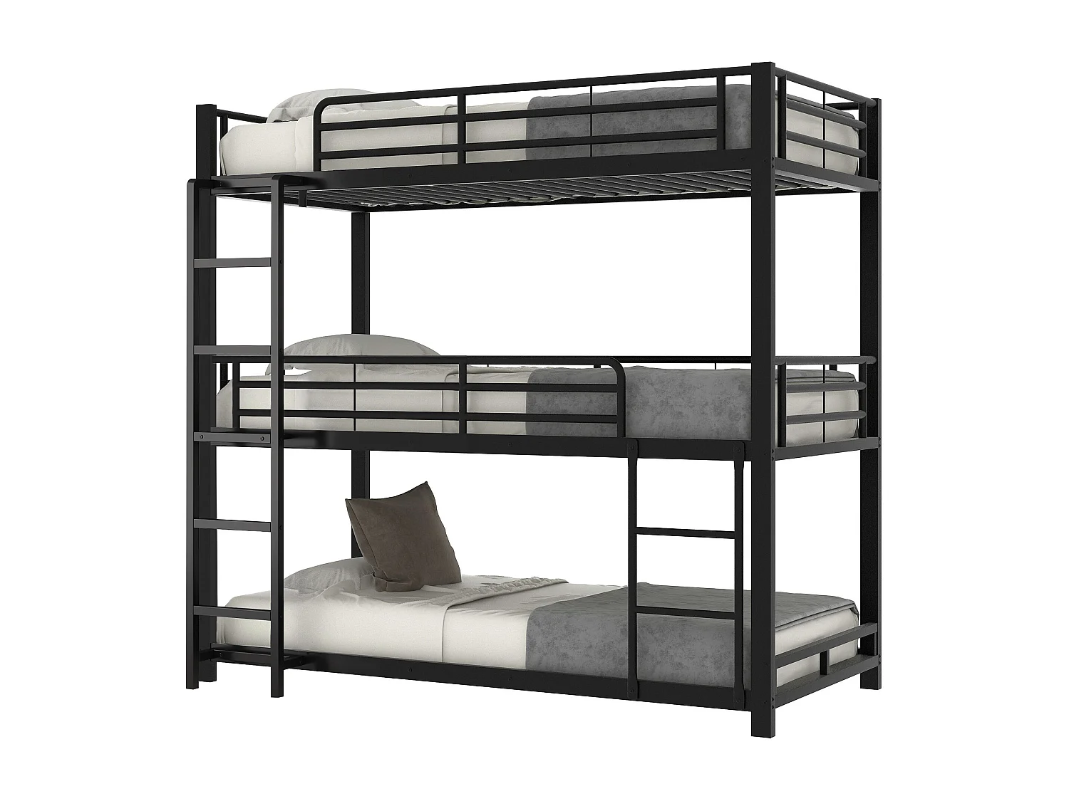 Lit superposé triple, cadre en métal robuste, noir, pour enfants et adultes (90x200cm)