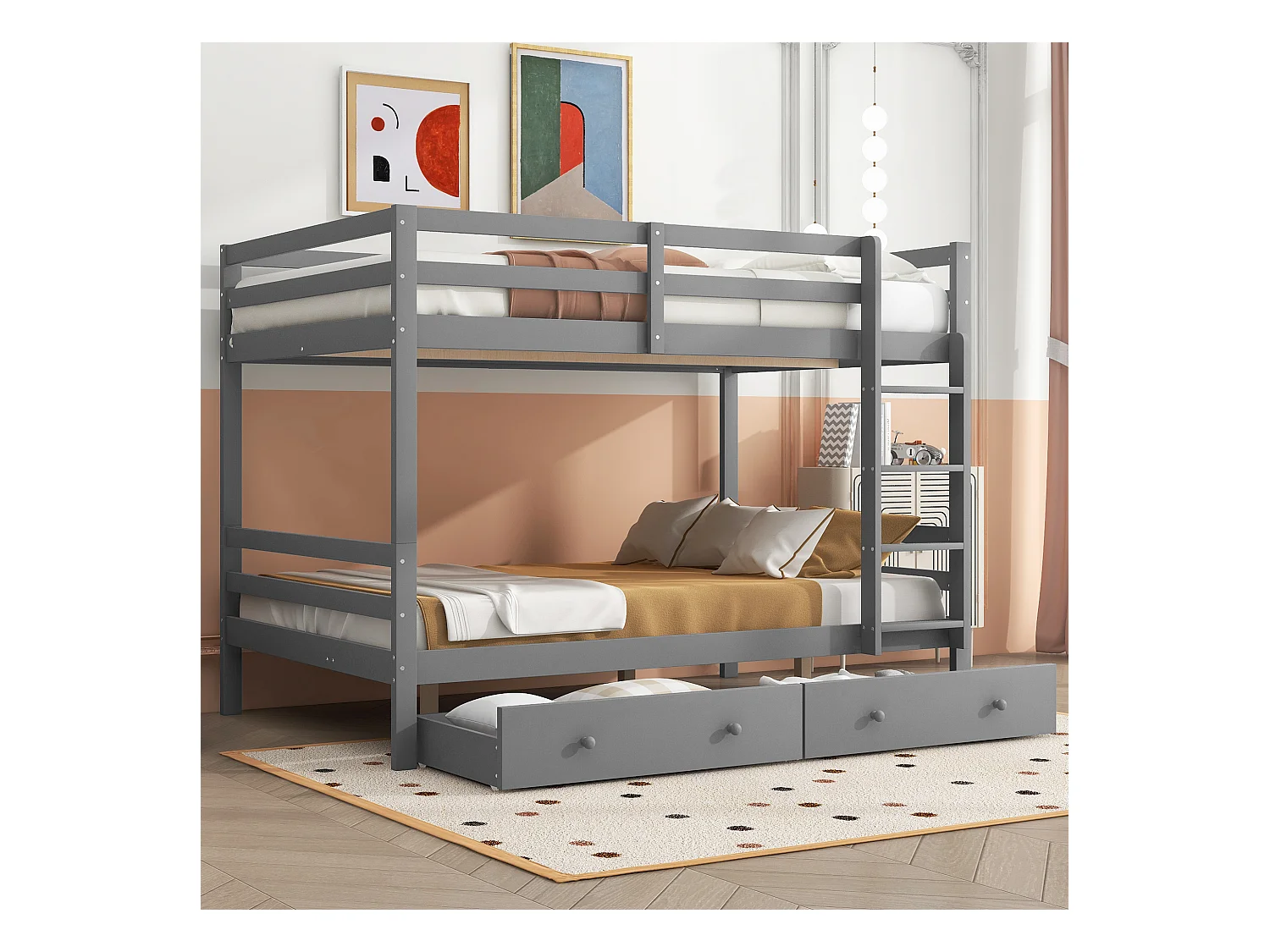 Lit superposé avec tiroirs de rangement, structure robuste, pin et MDF, gris (204.5x145x150cm)