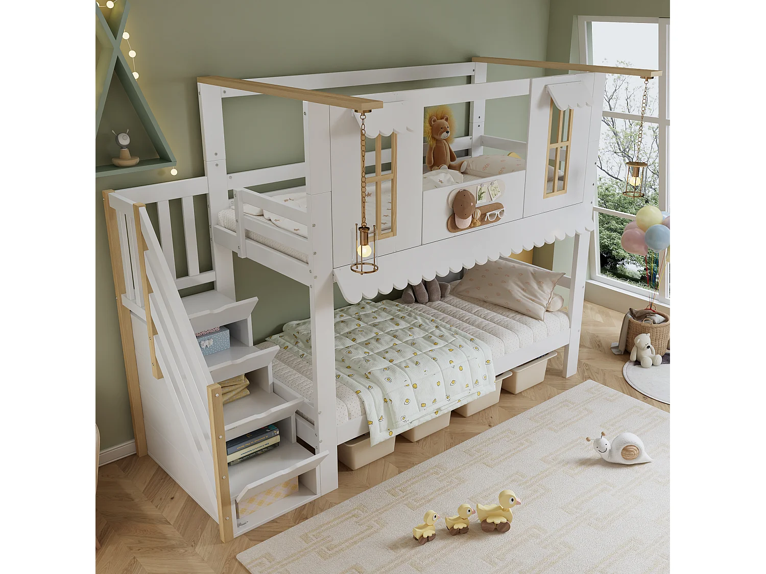 Litera infantil con escalera de almacenaje, ventanas decorativas y techo ondulado, pino + MDF, blanco + natural (252,5x97x201,5cm)