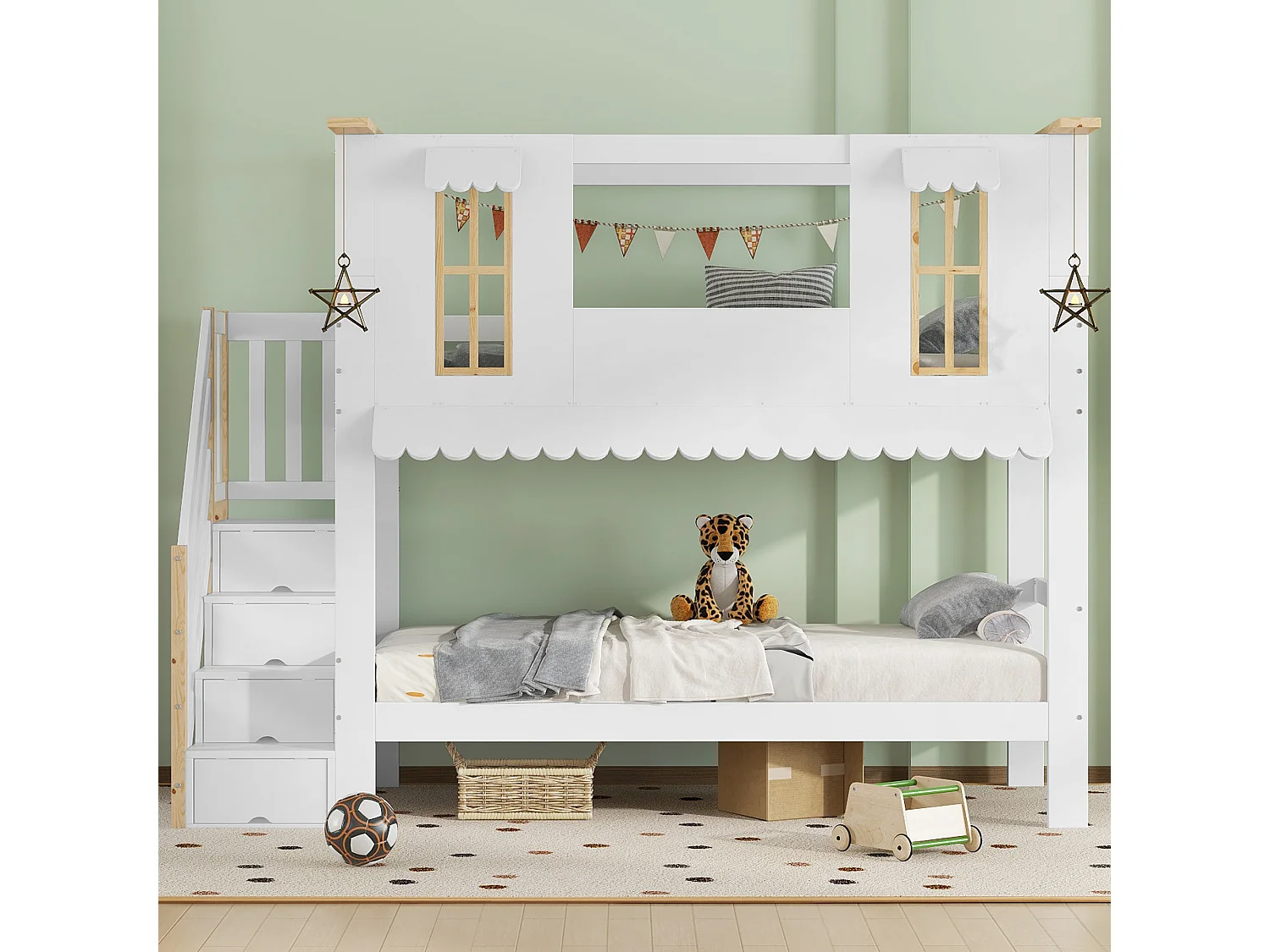 Litera infantil con escalera de almacenaje, ventanas decorativas y techo ondulado, pino + MDF, blanco + natural (252,5x97x201,5cm)