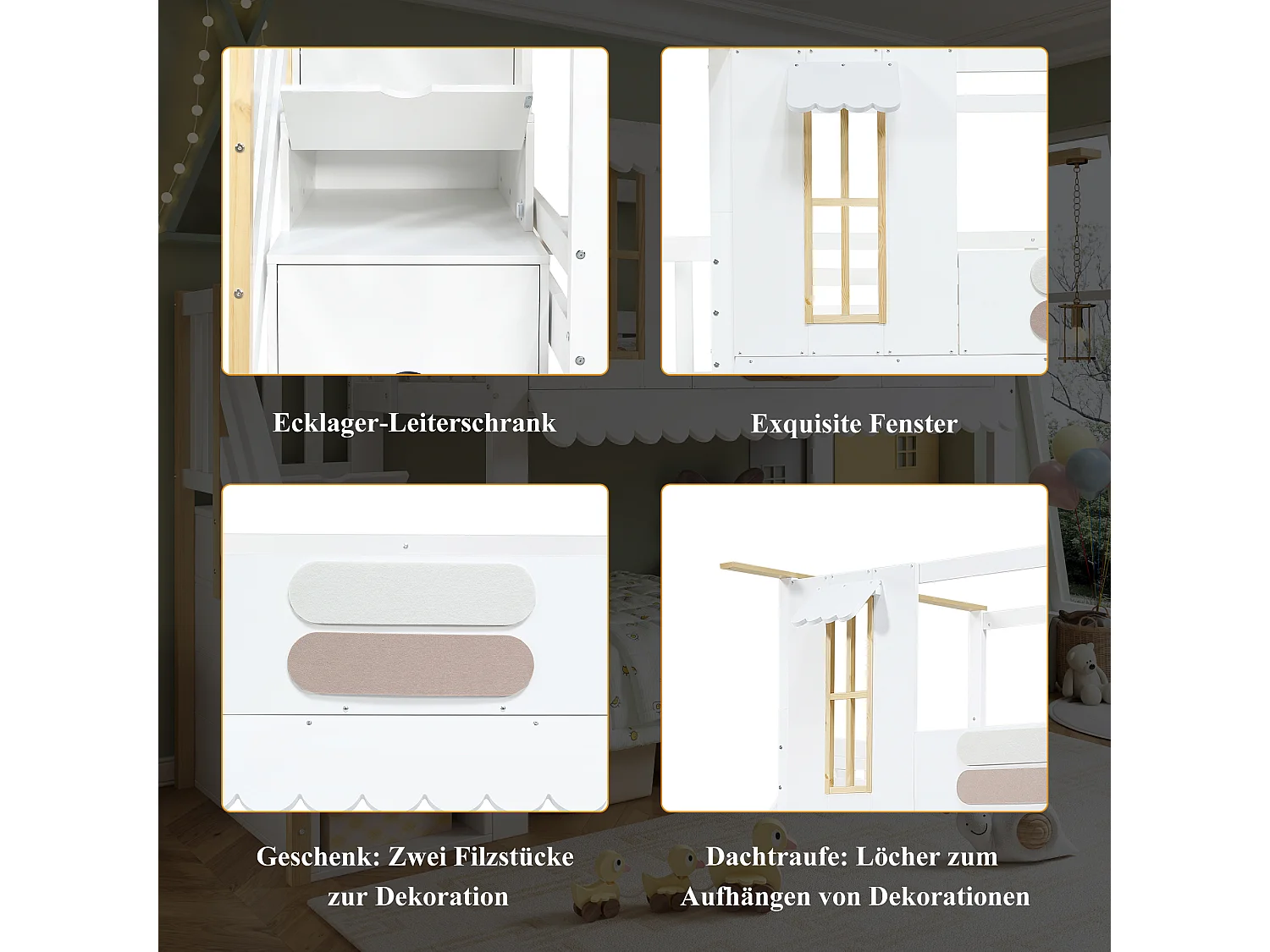 Litera infantil con escalera de almacenaje, ventanas decorativas y techo ondulado, pino + MDF, blanco + natural (252,5x97x201,5cm)